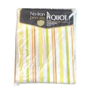 Vintage 1960s New Pequot Percale Twin Fitted Sheet Aurora Stripe Orange Yellow